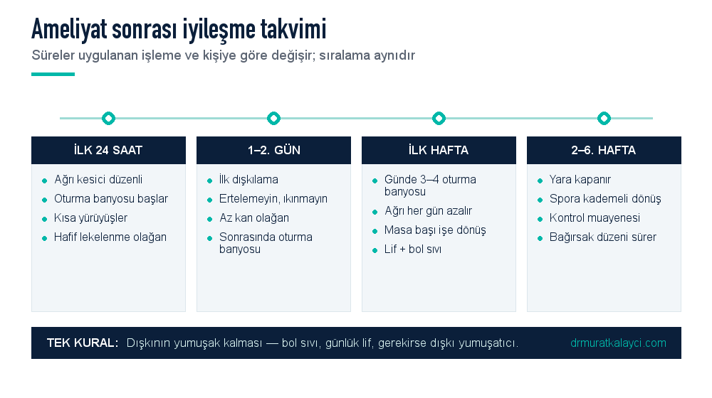 Anal fissür ameliyatı sonrası iyileşme takvimi: ilk 24 saat, ilk dışkılama, ilk hafta, iki ila altı hafta arasında beklenenler