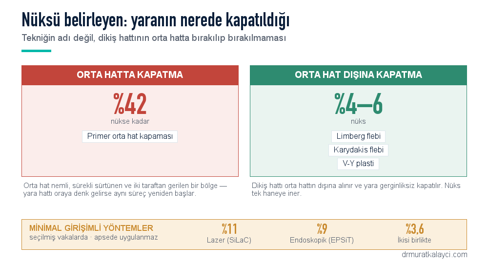 Kıl dönmesi ameliyatlarında nüks oranları: orta hattan primer kapama yüzde 42'ye kadar, Limberg flebi yüzde 4-6, Karydakis flebi yüzde 5, lazer SiLaC yüzde 11, endoskopik EPSiT yüzde 9, ikisi birlikte yüzde 3,6
