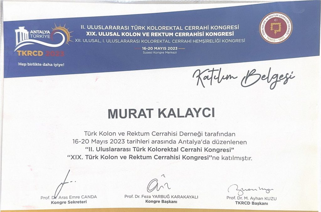 II. Uluslararası Türk Kolorektal Cerrahi Kongresi 2023 katılım belgesi