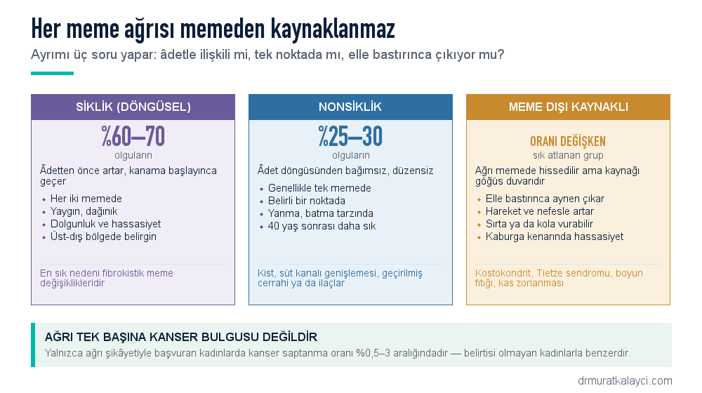 Meme ağrısının üç tipi: siklik (döngüsel) ağrı, nonsiklik ağrı ve göğüs duvarından kaynaklanan meme dışı ağrı; ayırt edici özellikleri