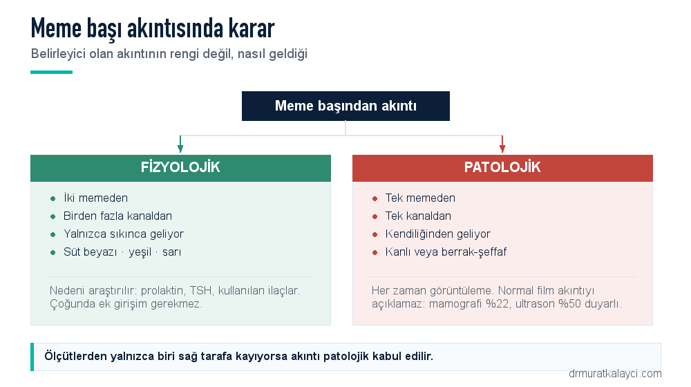 Meme başı akıntısında karar şeması: iki memeden, çok kanaldan, sıkınca gelen süt veya yeşil-sarı akıntı fizyolojik; tek memeden, tek kanaldan, kendiliğinden gelen kanlı veya berrak akıntı patolojik ve görüntülemeyle araştırılır