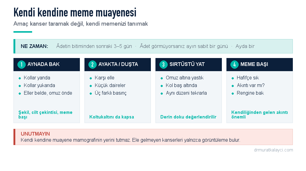Kendi kendine meme muayenesi adımları: aynada bakma, kollar yukarıda bakma, ayakta veya duşta elle muayene, sırtüstü yatarak muayene ve meme başı kontrolü
