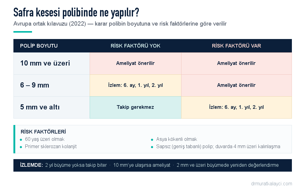 Safra kesesi polibinde güncel yaklaşım: 10 mm ve üzeri poliplerde ameliyat, 6-9 mm arası risk faktörü varsa ameliyat yoksa izlem, 5 mm ve altı risk faktörü yoksa takip gerekmez