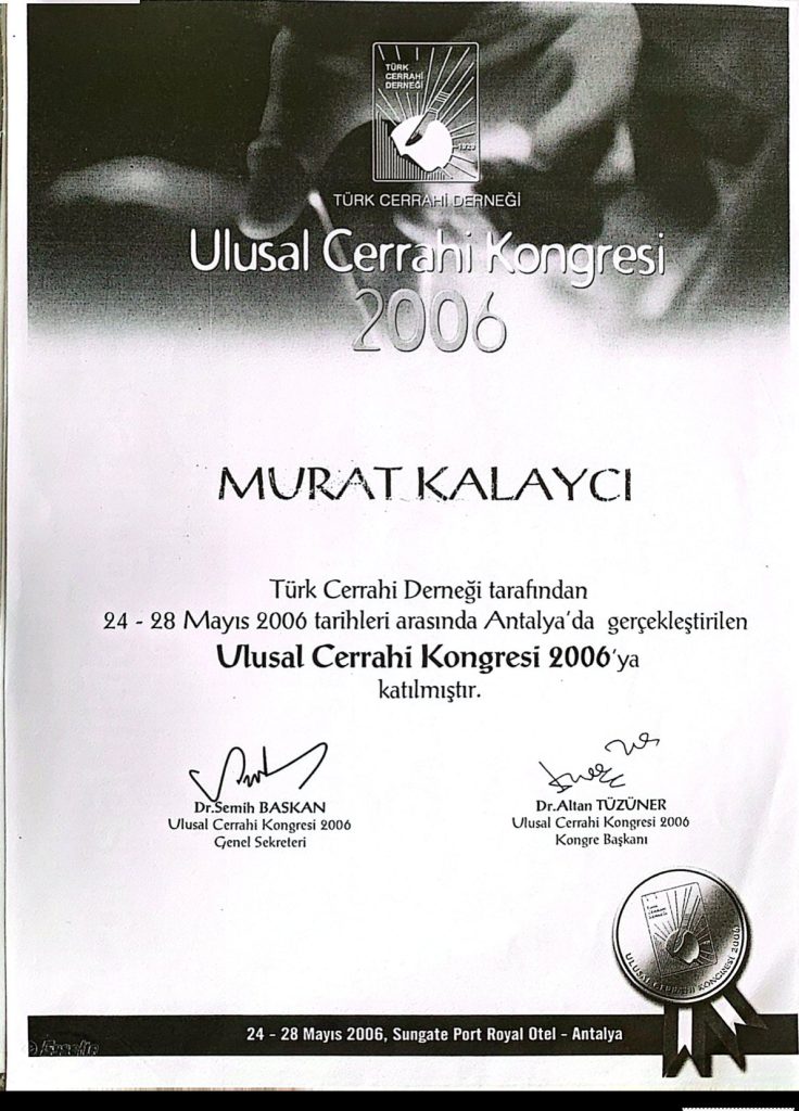 Ulusal Cerrahi Kongresi 2006 katılım belgesi