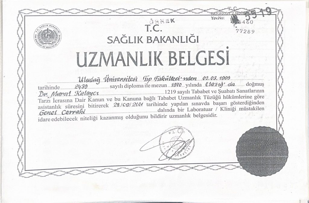 T.C. Sağlık Bakanlığı Genel Cerrahi Uzmanlık Belgesi