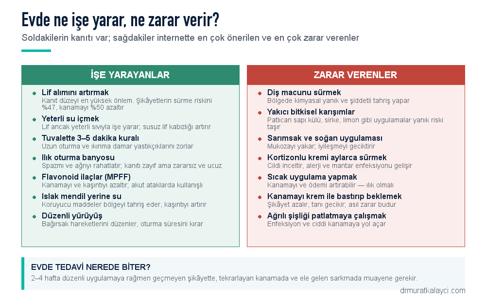 Basurda evde işe yarayan yöntemler ve zarar veren uygulamalar: lif, su, oturma banyosu, tuvalet süresi; diş macunu, patlıcan sapı, sarımsak uygulamaları