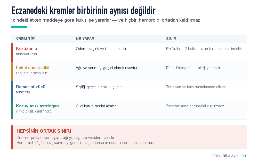 Hemoroid kremleri: kortizonlu, lokal anestezikli, damar büzücü ve koruyucu astringan tipler, ne yaptıkları ve kullanım sınırları