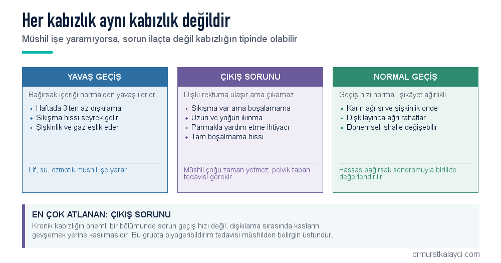 Üç kabızlık tipi: yavaş geçiş, çıkış sorunu (pelvik taban) ve normal geçişli kabızlık; her birinde hangi tedavinin işe yaradığı