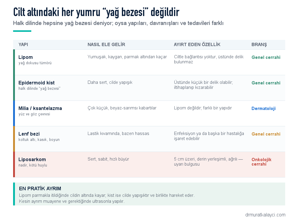 Cilt altındaki yumruların ayrımı: lipom, epidermoid kist, milia, lenf bezi ve liposarkomun ele geliş biçimi ve ayırt eden özellikleri