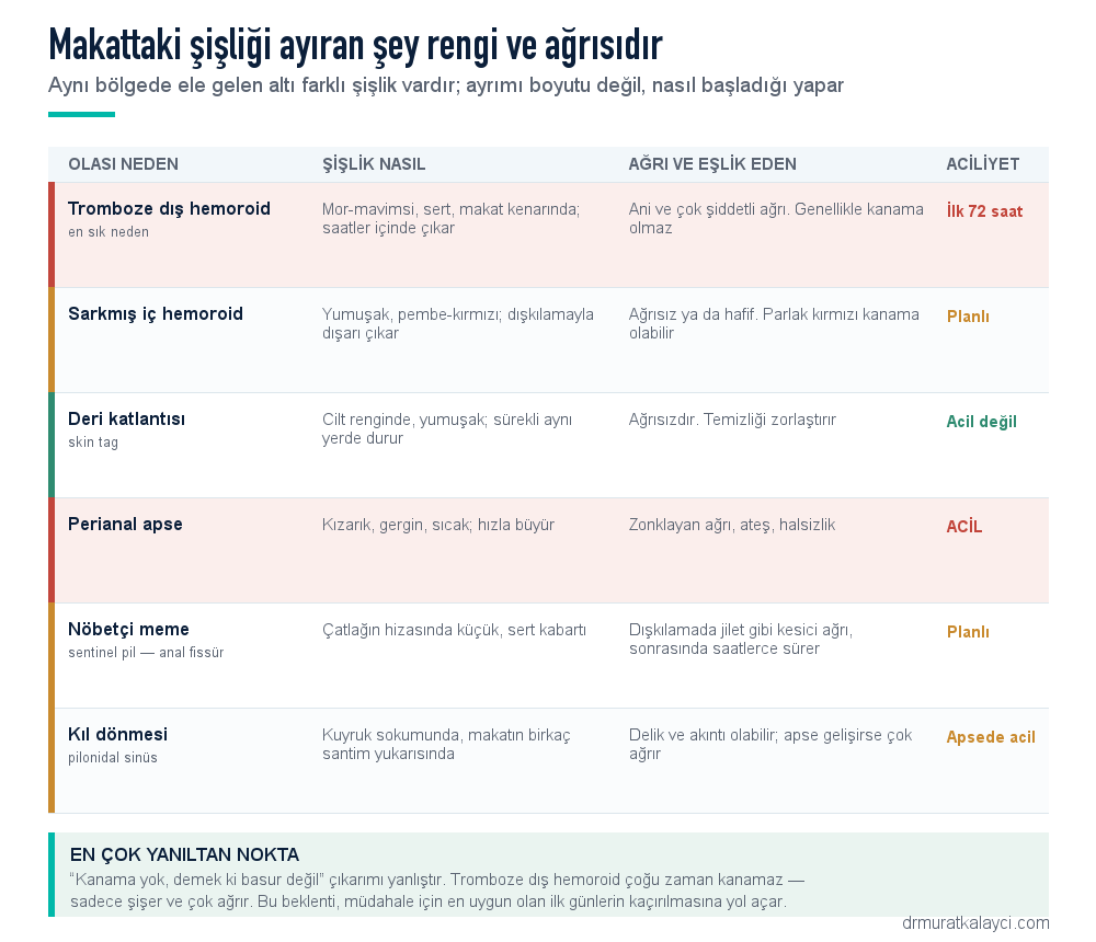 Makatta şişlik nedenlerinin ayrımı: tromboze dış hemoroid, sarkmış iç hemoroid, deri katlantısı, perianal apse, nöbetçi meme ve kıl dönmesi