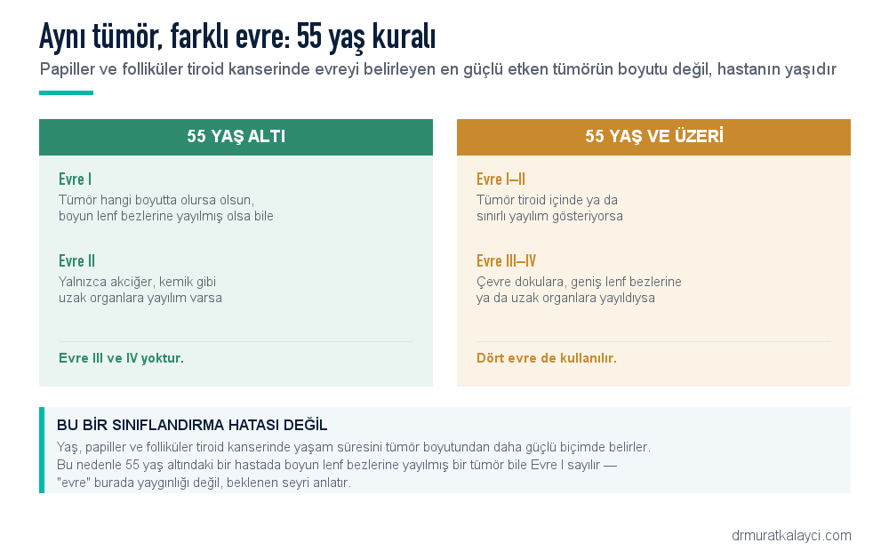 Tiroid kanserinde 55 yaş kuralı: 55 yaş altında yalnızca Evre I ve II bulunurken, 55 yaş üzerinde dört evre de kullanılır